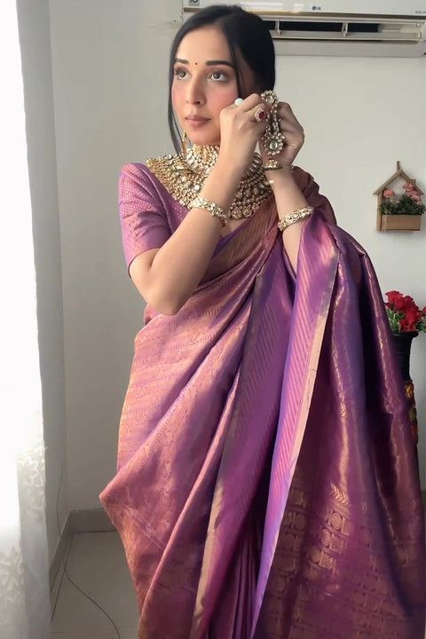 VastraLakshmi Mellifluous 1-Minute Ready To Wear Purple Kanjivaram Silk Saree